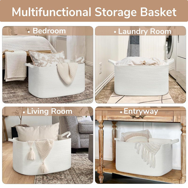 Goodpick Large Blanket Basket Living Room, Storage Baskets for Organizing, Woven Rope Laundry Basket for Toy Storage, 21.6" x 14.9" x 11.8", White - Image 4