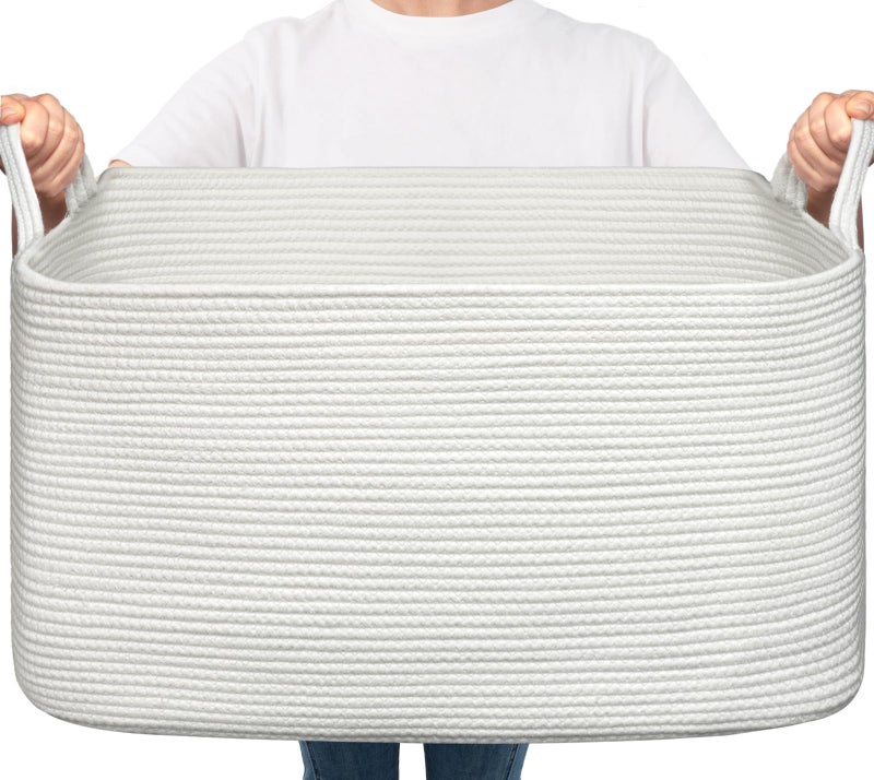 Goodpick Large Blanket Basket Living Room, Storage Baskets for Organizing, Woven Rope Laundry Basket for Toy Storage, 21.6" x 14.9" x 11.8", White - Image 1
