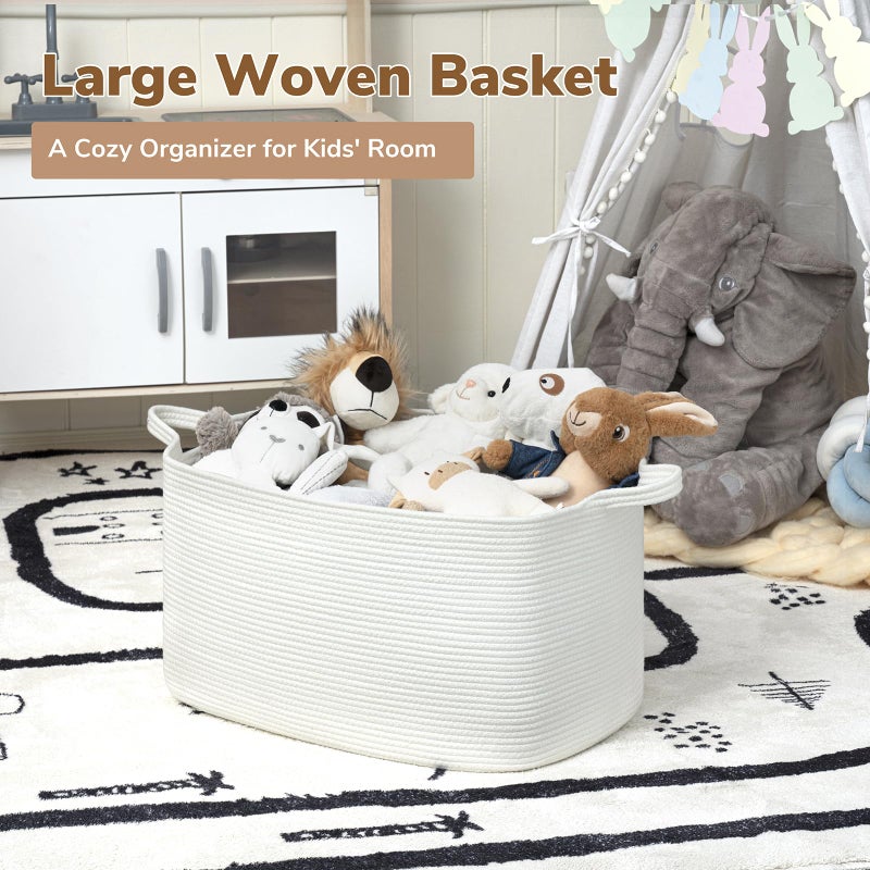 Goodpick Large Blanket Basket Living Room, Storage Baskets for Organizing, Woven Rope Laundry Basket for Toy Storage, 21.6" x 14.9" x 11.8", White - Image 2