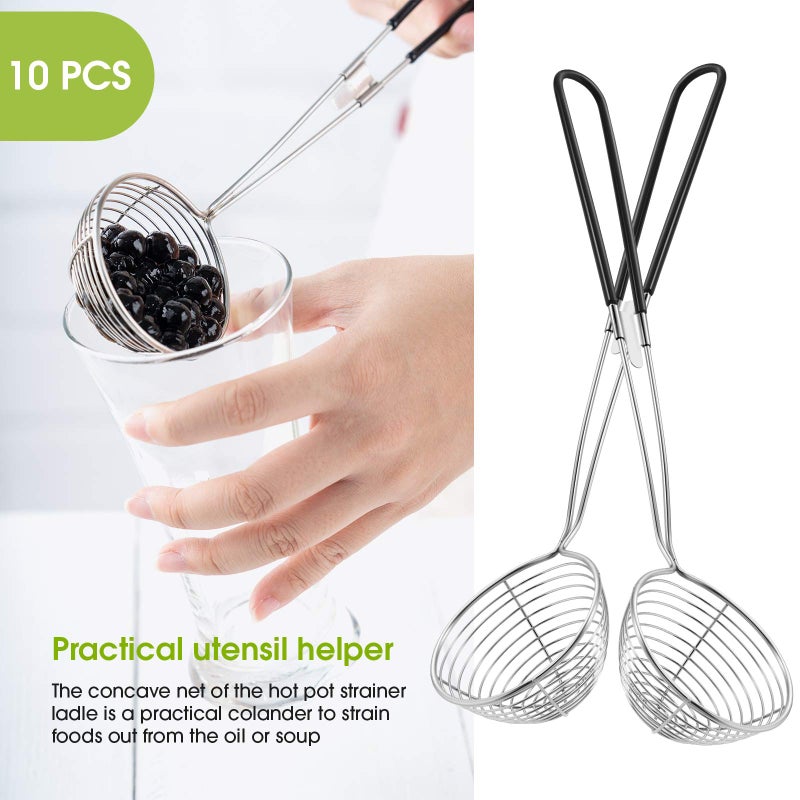 Geiserailie 10 Pieces 6 Pieces Hot Pot Kit Strainer Scoops Stainless Steel 2.5 Inch Mini Spider Strainer Skimmer Pasta Mesh Spoon Asian Skimmer Spoon Ladle with Handle for Home (Black) - Image 5
