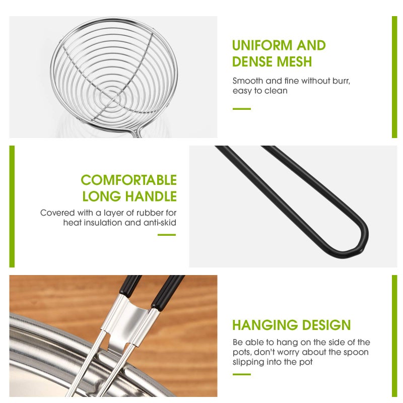 Geiserailie 10 Pieces 6 Pieces Hot Pot Kit Strainer Scoops Stainless Steel 2.5 Inch Mini Spider Strainer Skimmer Pasta Mesh Spoon Asian Skimmer Spoon Ladle with Handle for Home (Black) - Image 3