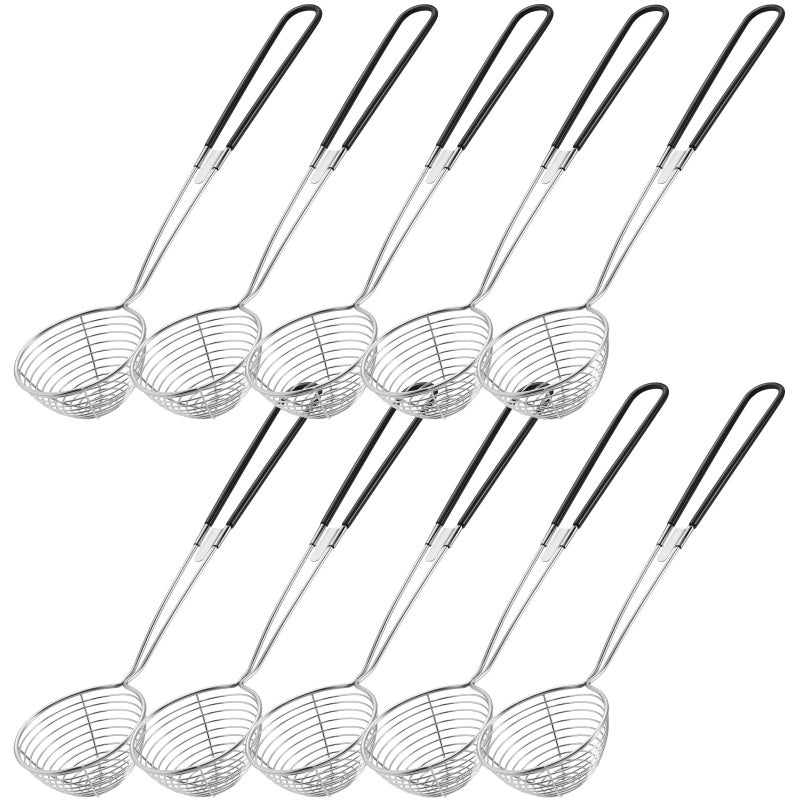 Geiserailie 10 Pieces 6 Pieces Hot Pot Kit Strainer Scoops Stainless Steel 2.5 Inch Mini Spider Strainer Skimmer Pasta Mesh Spoon Asian Skimmer Spoon Ladle with Handle for Home (Black) - Image 1
