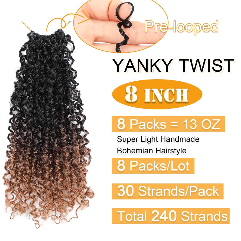 Aksice Pre-looped Yanky Twist Crochet Hair 8 Inch 8 Packs Bohemian Passion Twist Spring Mini Twist Crochet Hair for Black Women Boho Crochet Braids Synthetic (1B/4/30) - Image 2