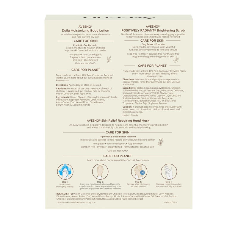 Aveeno Spa Day Gift Set, Full Body Skincare Set with Positively Radiant Face Scrub, Daily Moisturizing Body Lotion, & a Pair of Single-Use Skin Relief Hand Masks, Non-Comedogenic, 3 Items - Image 5