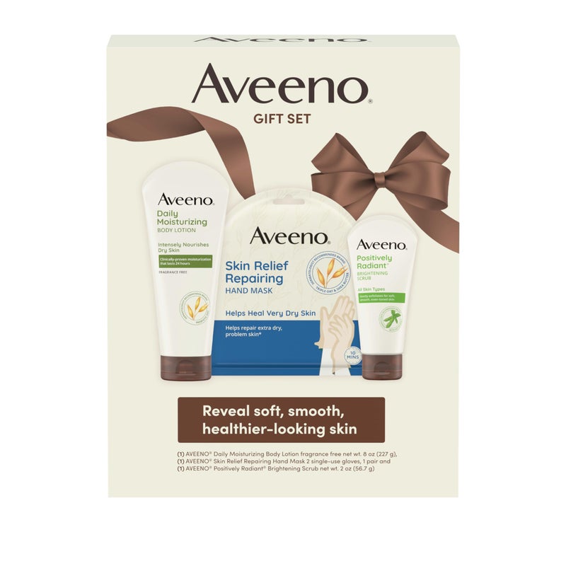Aveeno Spa Day Gift Set, Full Body Skincare Set with Positively Radiant Face Scrub, Daily Moisturizing Body Lotion, & a Pair of Single-Use Skin Relief Hand Masks, Non-Comedogenic, 3 Items - Image 1