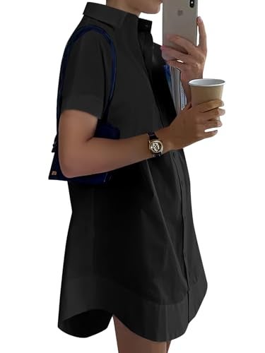 Rooscier Women's Casual Shirt Dress Collar V Neck Button Down Short Sleeve Summer Mini Dresses Plain Black Small - Image 3