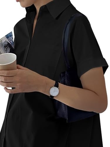 Rooscier Women's Casual Shirt Dress Collar V Neck Button Down Short Sleeve Summer Mini Dresses Plain Black Small - Image 2