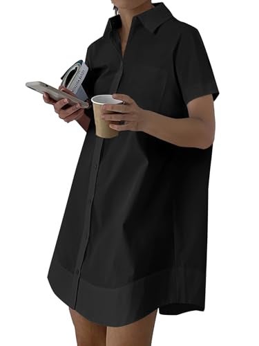 Rooscier Women's Casual Shirt Dress Collar V Neck Button Down Short Sleeve Summer Mini Dresses Plain Black Small - Image 1