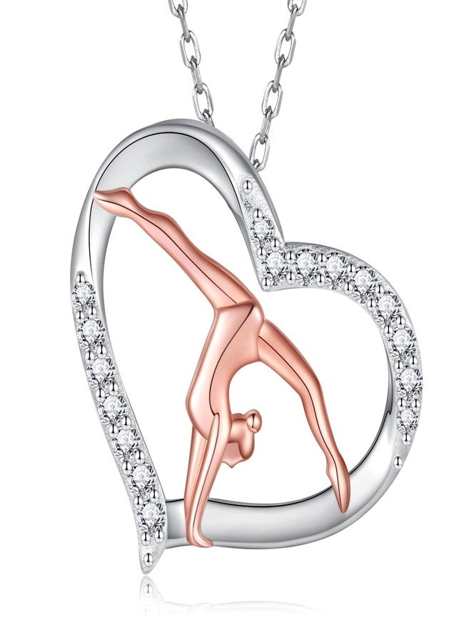 MANBU Sterling Silver Gymnastics Earrings Necklace Gymnast Heart Rose Gold Plated Jewelry Christmas Gymnastics Gifts for Daughter Granddaughter Gymnasts (Gymnast Necklace) - Image 1