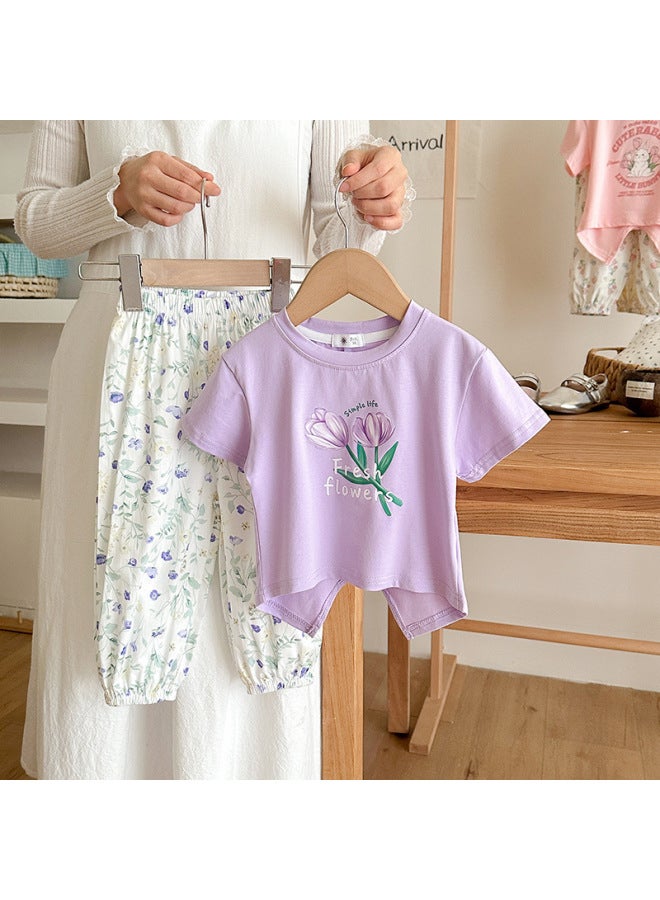 Korean-style Girls' Summer Set New Cartoon Print Short-sleeved T-shirt + Floral Long Pants Two-piece Set Soft Cotton