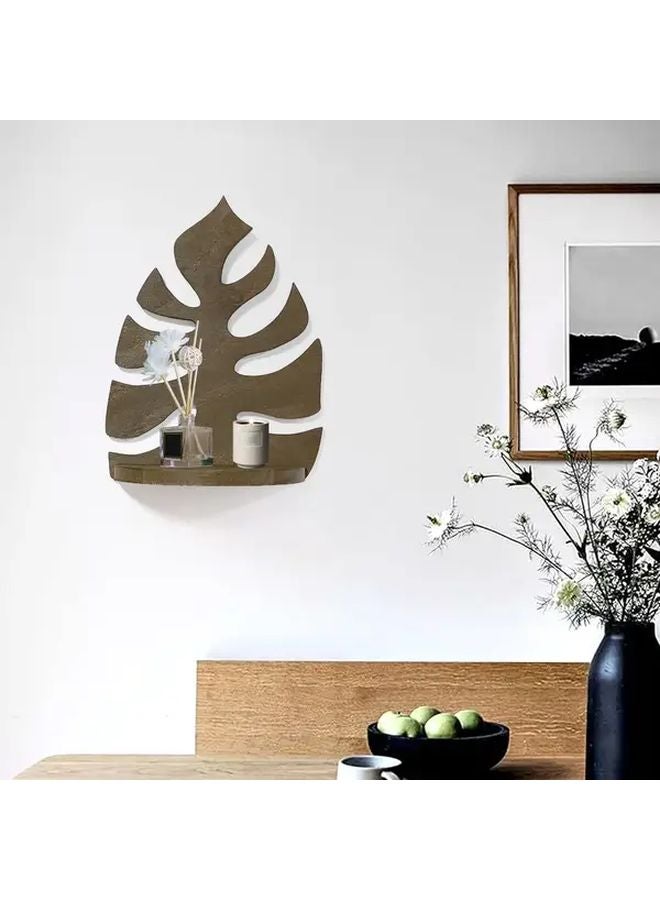 Rustic Wooden Leaf Storage Rack Solid Wood Floating Wall Shelf 1pc - Image 2