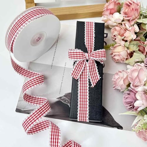 XFSAFDM 2PCS Ribbon Roll, Lace Checkered Ribbon for Gift Wrapping, Wedding Decoration, DIY Crafts (Red+Pink) - Image 5