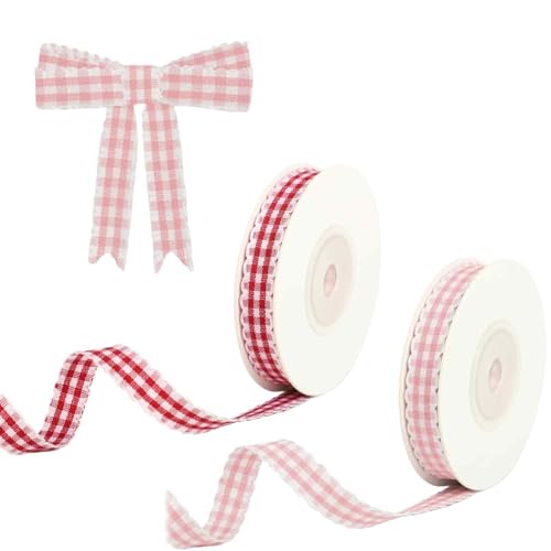 XFSAFDM 2PCS Ribbon Roll, Lace Checkered Ribbon for Gift Wrapping, Wedding Decoration, DIY Crafts (Red+Pink) - Image 1