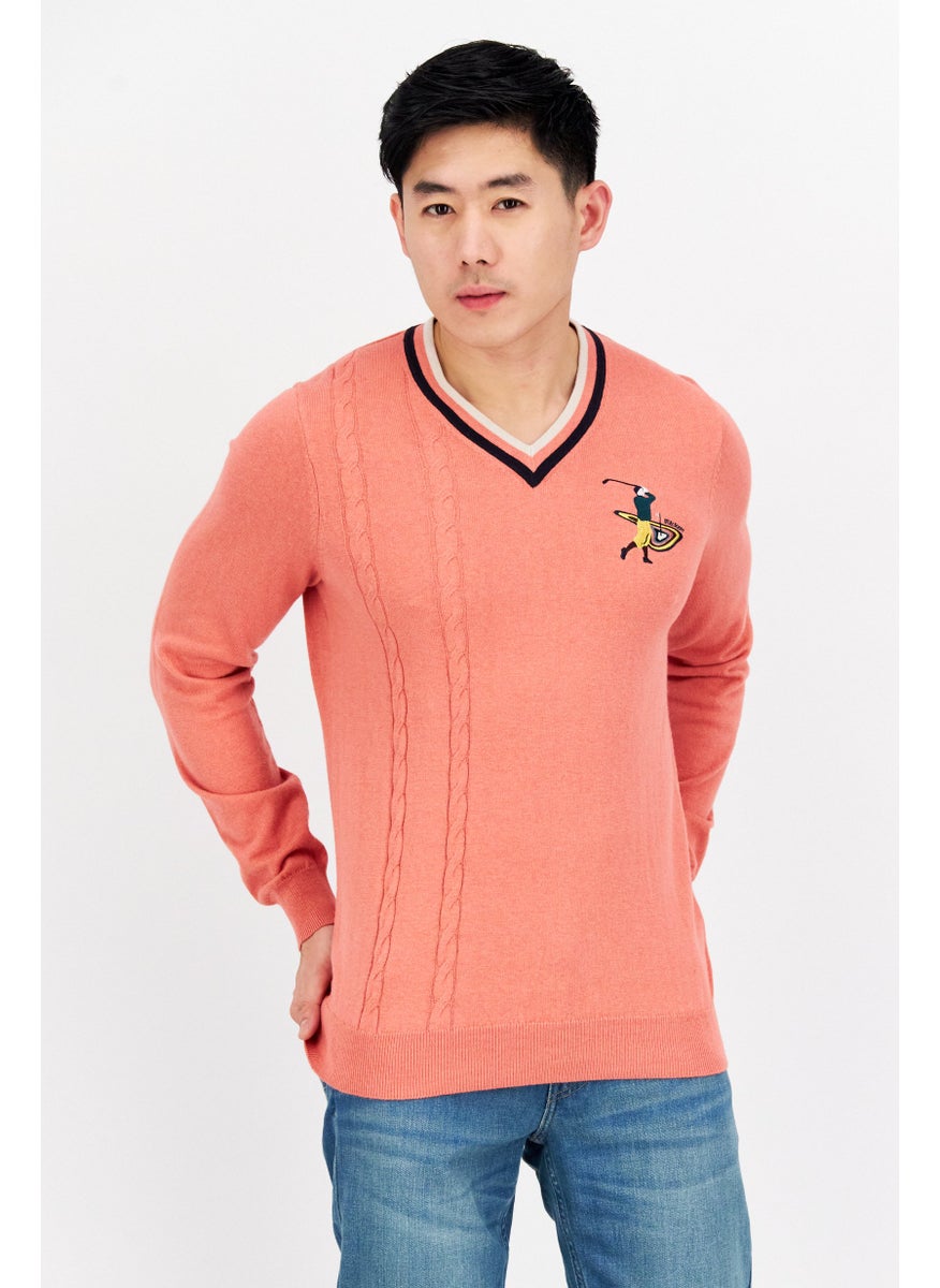 Lyle & Scott Men V-Neck Embroidered Long Sleeves Sweater, Pink  - Image 1
