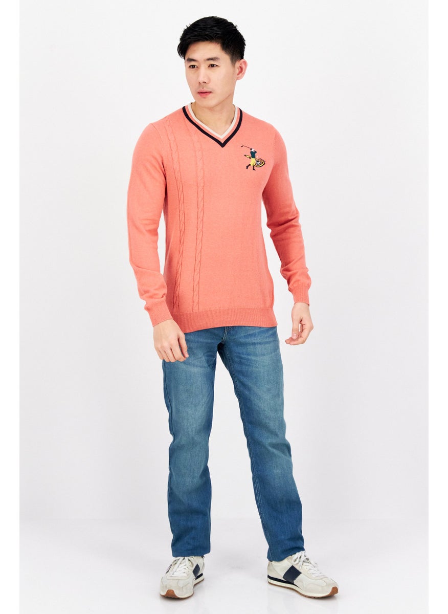 Lyle & Scott Men V-Neck Embroidered Long Sleeves Sweater, Pink  - Image 3