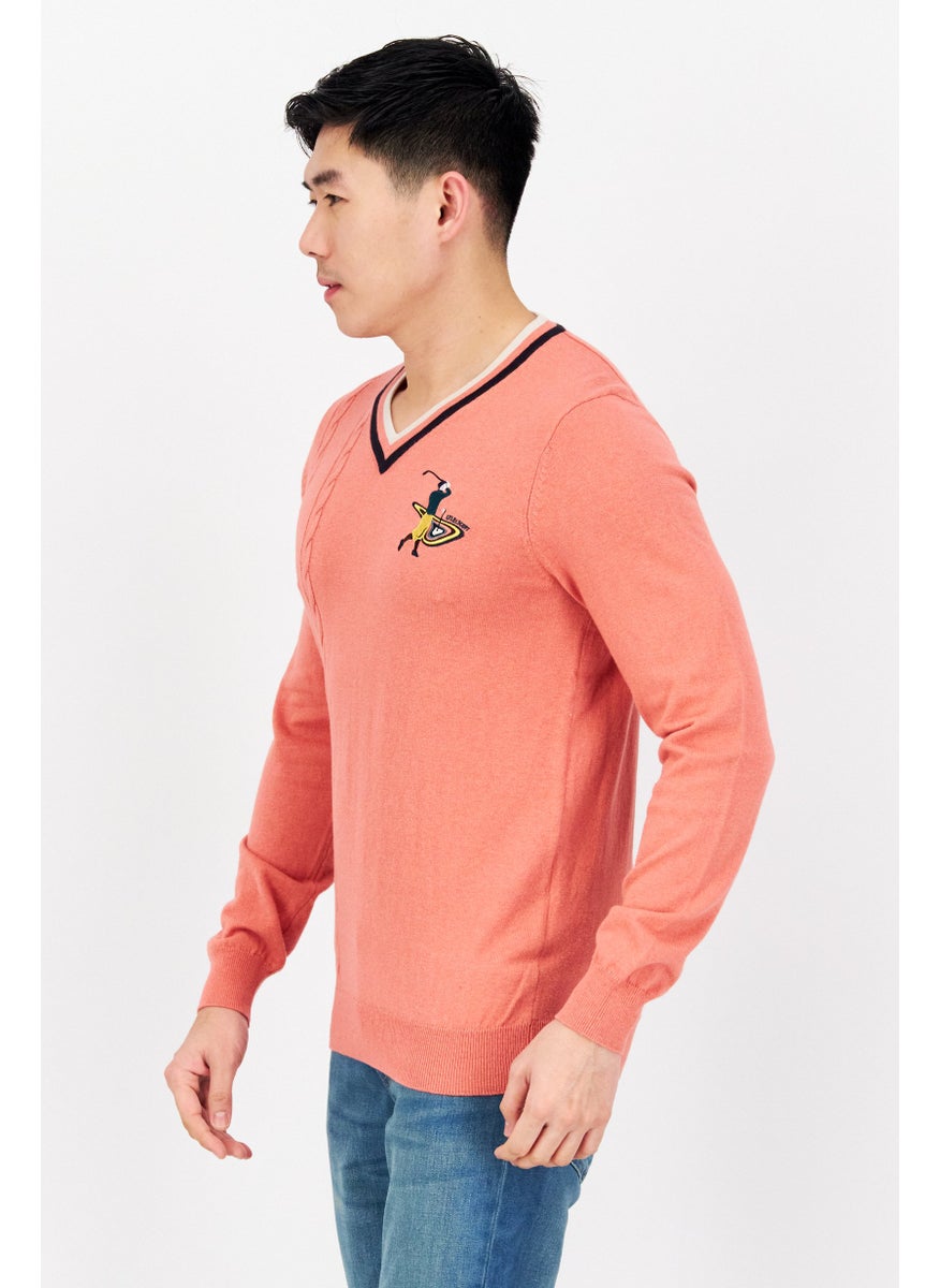 Lyle & Scott Men V-Neck Embroidered Long Sleeves Sweater, Pink  - Image 2