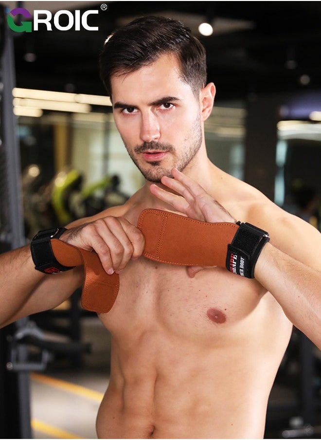 GROIC 1 Pair Gymnastics Hand Grips, Fitness Gloves for Weight Lifting, Powerlifting, Strength Training, Pull-up, Weightlifting Wrist Straps Non-slip Workout Gloves (Brown)  - Image 5