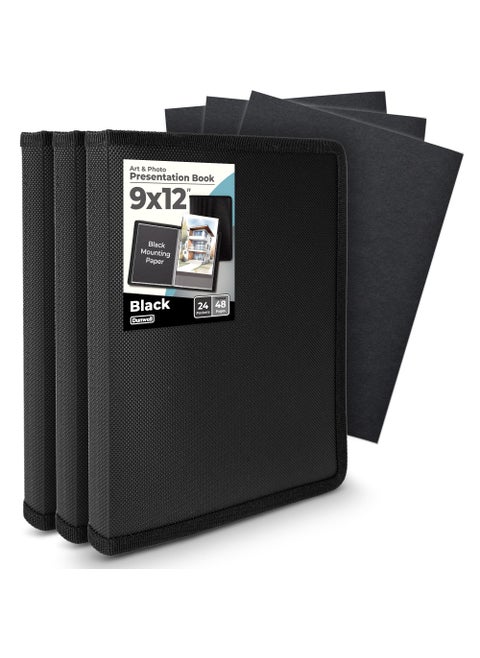 Dunwell 9x12 Art Portfolio Binder 3Pack Black Includes Mounting Paper Portfolio Binder for Artwork 9 x 12 Art Folder 24 Pockets Display 48 Pages AcidFree Poly Presentation Book