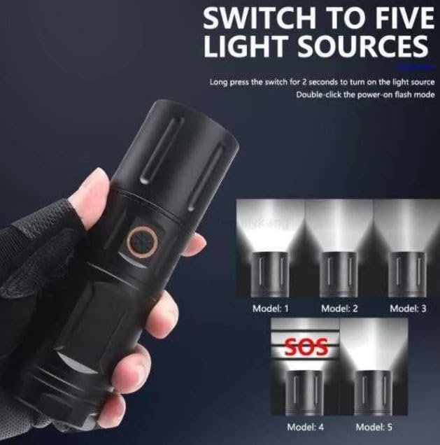 Calyrex 2000 High Lumen TypeC USB Rechargeable Tactical Lantern Super Bright LED Flashlight Waterproof Handheld Flashlight with 5 Modes for Camping Emergency Hiking - Image 2