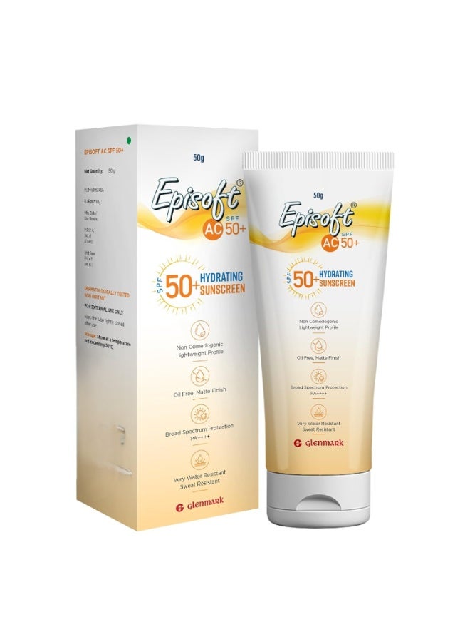 Episoft AC SPF 50 + sunscreen | Maximum Hydration | Protection against both UV-A/UV-B, Water and Sweat Resistance | Lightweight | With anti-aging benefits | For all Skin Types | No white cast | 50 G