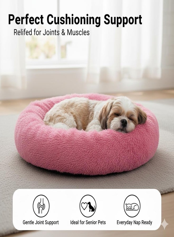Ultra Soft Round Plush Pet Bed, Donut Shape Calming Bed for Dogs and Cats, Pink, Anti-Slip Bottom, Washable Pet Cushion (Small) - Image 3