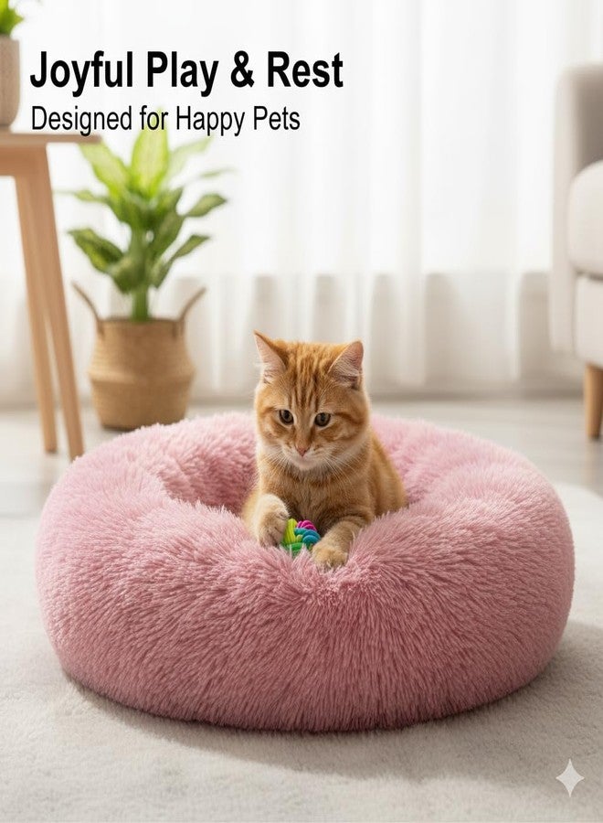 Ultra Soft Round Plush Pet Bed, Donut Shape Calming Bed for Dogs and Cats, Pink, Anti-Slip Bottom, Washable Pet Cushion (Small) - Image 2