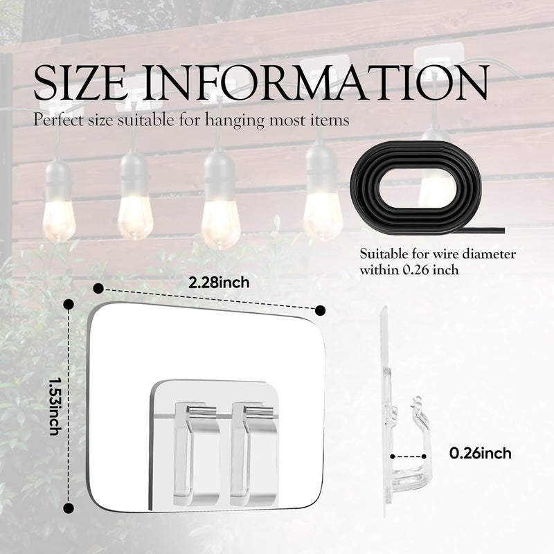 moonateen 80Pcs Hooks for Outdoor String Lights Clips: Heavy Duty Cable Clips with Waterproof Adhesive Strips for Hanging Christmas Light - Outside UV-Resistant Clear Sticky Cord Holders Rope Organizer - Image 2