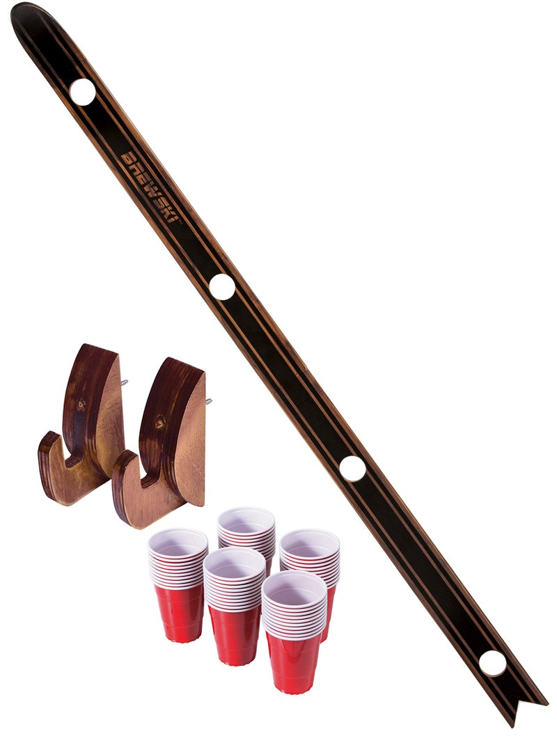 GoPong Brewski - Rustic Stained Design - 4 Person Beer Drinking Shot Ski with 50 Plastic 6 oz Cups