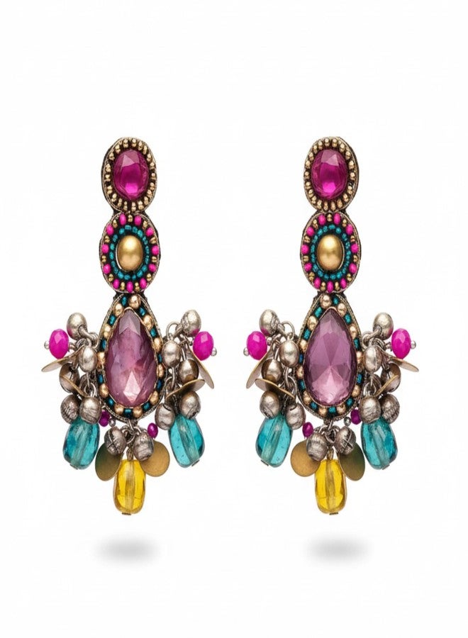 SANJOYA by EVERSTYLISH Kundan Earrings for Women | Multicolor Stone & Pearl Drop Dangler Studs | Ethnic Jewelry for Weddings, Festivals & Special Occasions - Image 1
