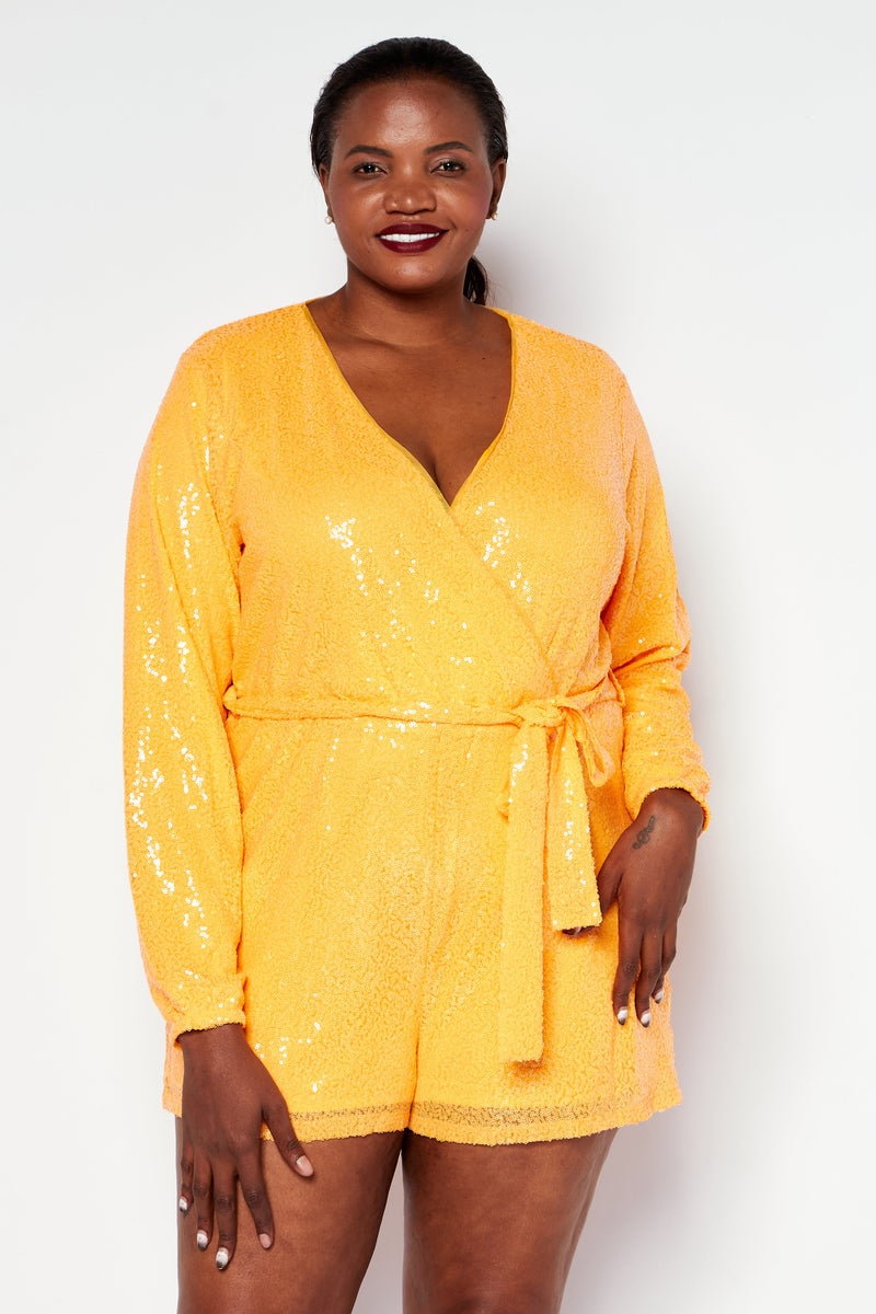 In the style Women Plus Size Embellished Long Sleeve Playsuit, Orange - Image 1