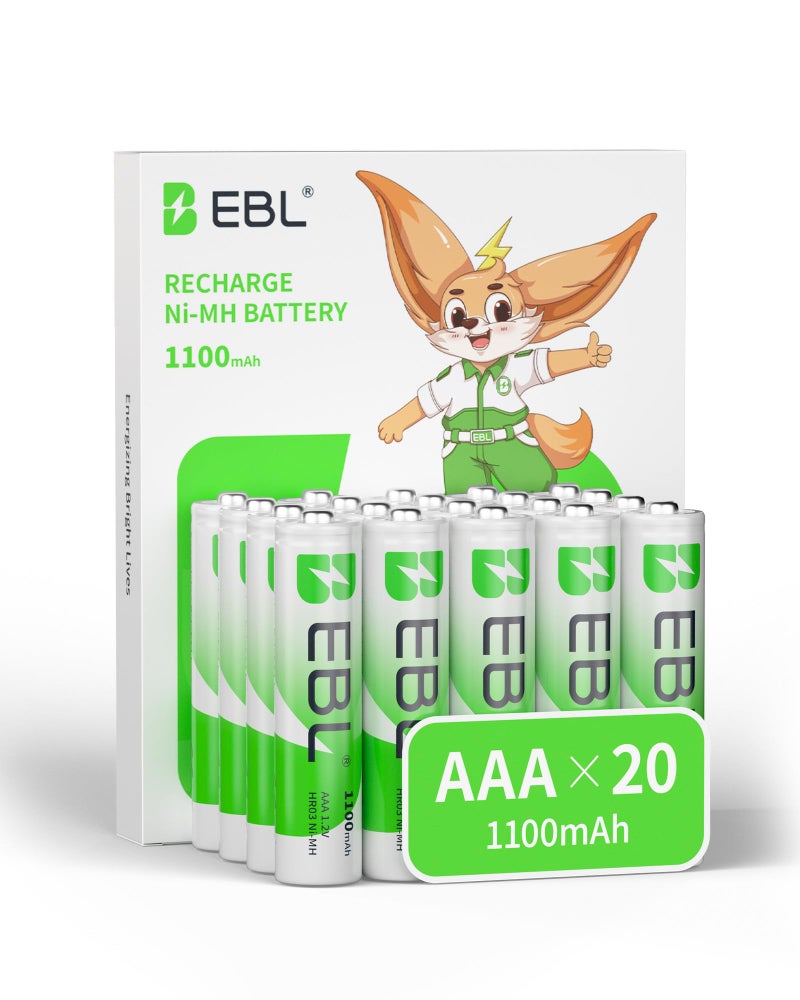 EBL 20 Pack 1500 Cycle 1100mAh AAA Ni-MH Rechargeable Batteries AAA (Typical 1100mAh, Minimum 1000mAh) - Image 1