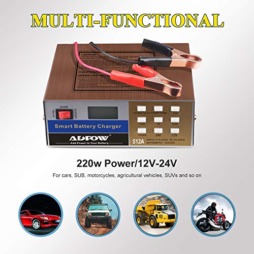 ADPOW 12 Volt Battery Charger 12V 24V 12A Automotive Smart Car Deep Cycle Battery Chargers Maintainer Intelligent Pulse Repair for Boat Marine Truck Lawn Mower with Terminal Clean Brush - Image 3
