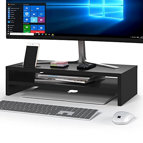 BONTEC Wood Monitor Stand Riser 2Tier Desktop Organizer with Storage Ergonomic Computer Stand for Desk Cable Management Cellphone Holder 213 Inch Shelf Black