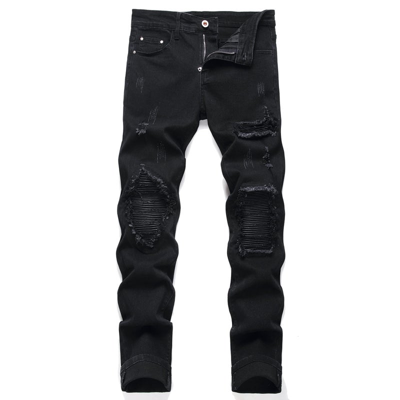OIIIO Men's Patch Ripped Stretch Regular Fit Jean (36, Black-6601) - Image 1