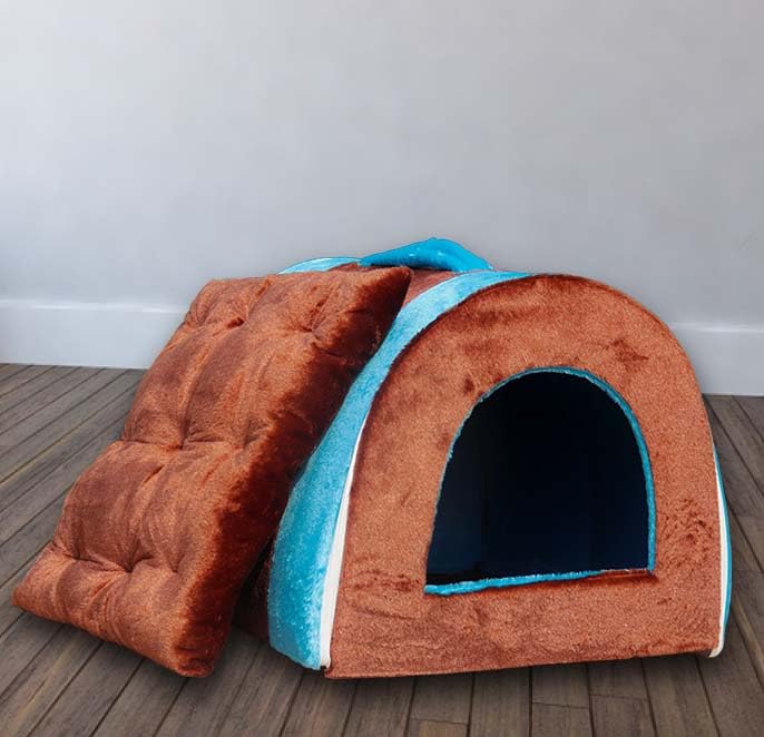 Homecute Igloo Dog House, Portable Bed for Dog and Cat with Removable Cushion, 2 in 1 Cosy & Comfortable Pet House,Washable, Safe & Hygienic House Cave for All Pets (Sky Blue & Chocolate, Small) - Image 2