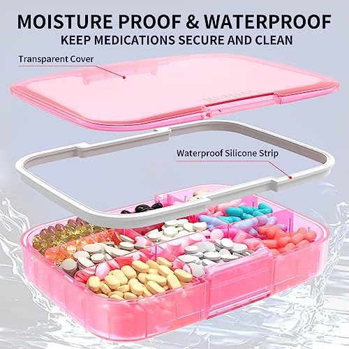 Restree Large Pill Organizer, Moisture Proof & Waterproof Travel Pill Case, Portable Medication Box with Adjustable Dividers for Vitamins Supplements Fish Oil and Daily Pills 9 Compartments (Pink) - Image 4
