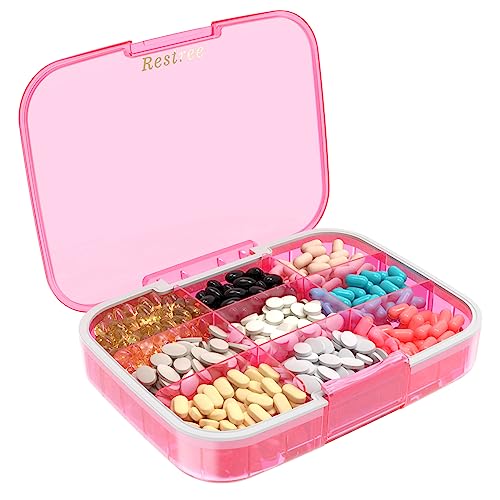 Restree Large Pill Organizer, Moisture Proof & Waterproof Travel Pill Case, Portable Medication Box with Adjustable Dividers for Vitamins Supplements Fish Oil and Daily Pills 9 Compartments (Pink) - Image 1