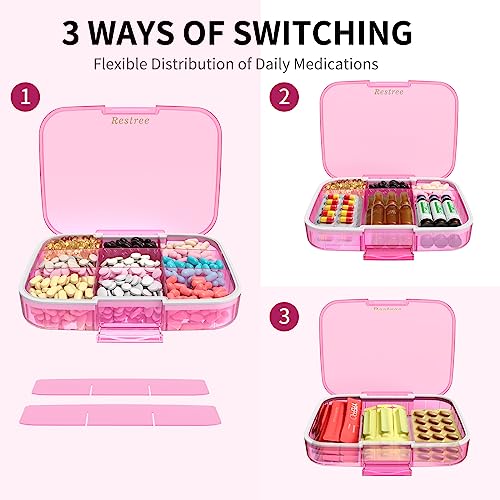 Restree Large Pill Organizer, Moisture Proof & Waterproof Travel Pill Case, Portable Medication Box with Adjustable Dividers for Vitamins Supplements Fish Oil and Daily Pills 9 Compartments (Pink) - Image 3