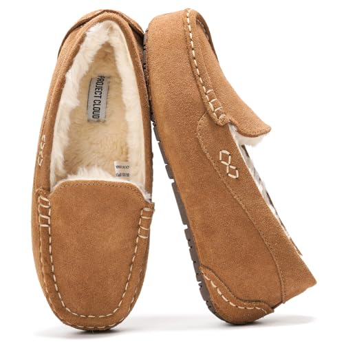 Project Cloud صنادل جلدية أصلية للنساء من مشروع كلاود - صنادل خارجية مبطنة بالفرو مع رغوة الذاكرة - موكاسين أنيق للنساء (كاثي، كستناء، 8.5) - Image 1