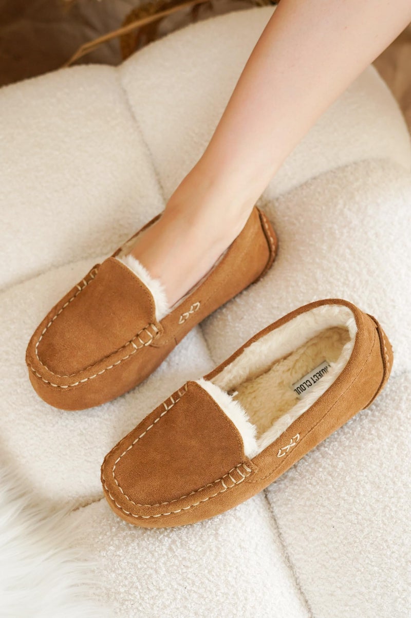 Project Cloud صنادل جلدية أصلية للنساء من مشروع كلاود - صنادل خارجية مبطنة بالفرو مع رغوة الذاكرة - موكاسين أنيق للنساء (كاثي، كستناء، 8.5) - Image 5