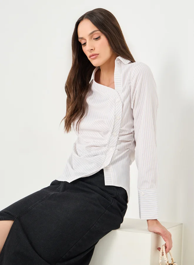 ستايلي Styli Women Cream Asymmetric Neck Striped Shirt