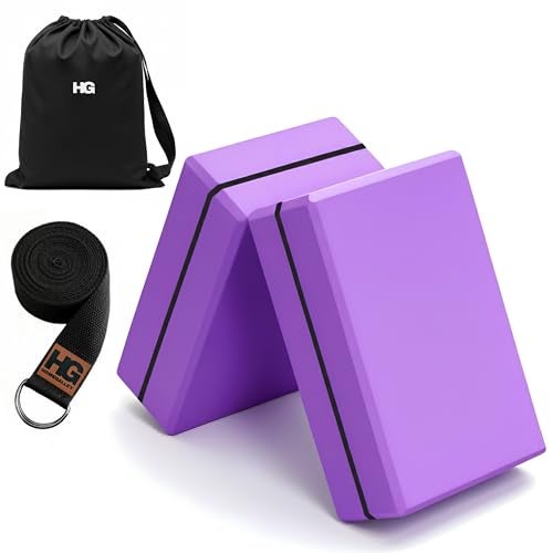 HOMEGALLEY Yoga Blocks for Beginners Yoga Blocks Pack of 2 with Belt for Exercise High Density Eva Exercise Block Pair to Improve Strength, Balance, Stretching for Women and Men, Purple - Image 1