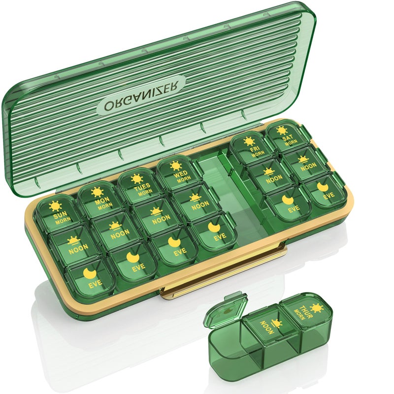 Acedada Pill Organizer 3 Times A Day, 7-Day Pill Box 3 Times A Day - Acedada Weekly Medicine Box Organizer, 7 Detachable Portable Daily Pill Container Dispenser Case for Vitamins Fish Oils Supplements, Green - Image 1
