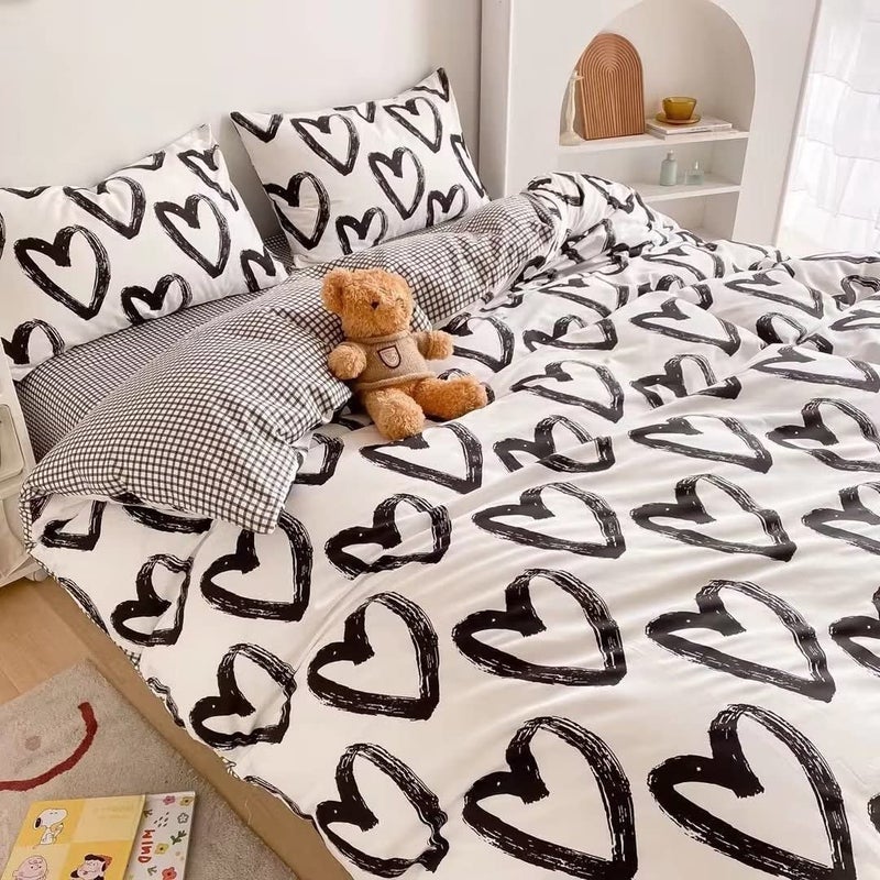 CLOTHKNOW Black White Comforter Set Full 3Pcs Shaped Bedding Comforter Sets Kawaii Love Comforter Full Size Black White Comforter Heart Full Size Comforter Sets - Image 2