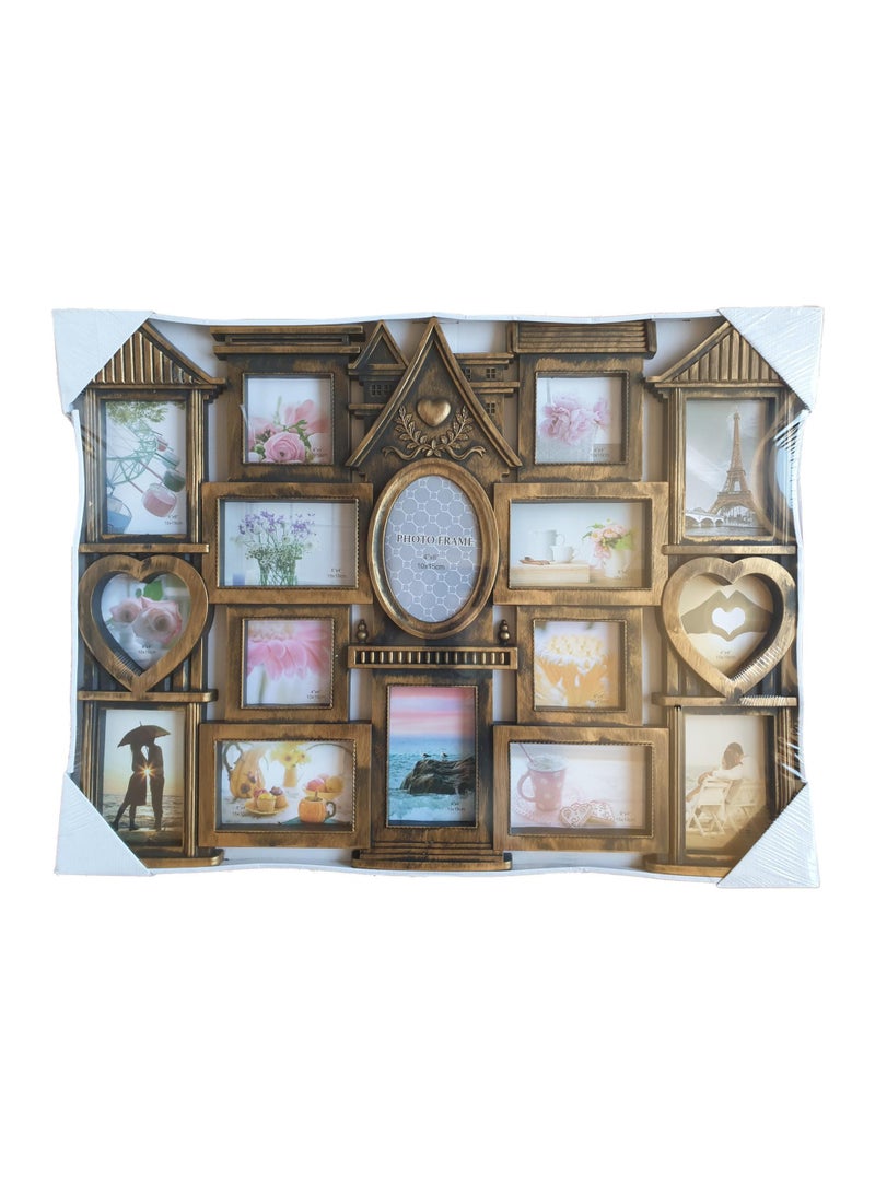 Family photo frame, 16 photos, 3D gold, made of plastic and glass, in the shape of houses, measuring 77 x 58 cm