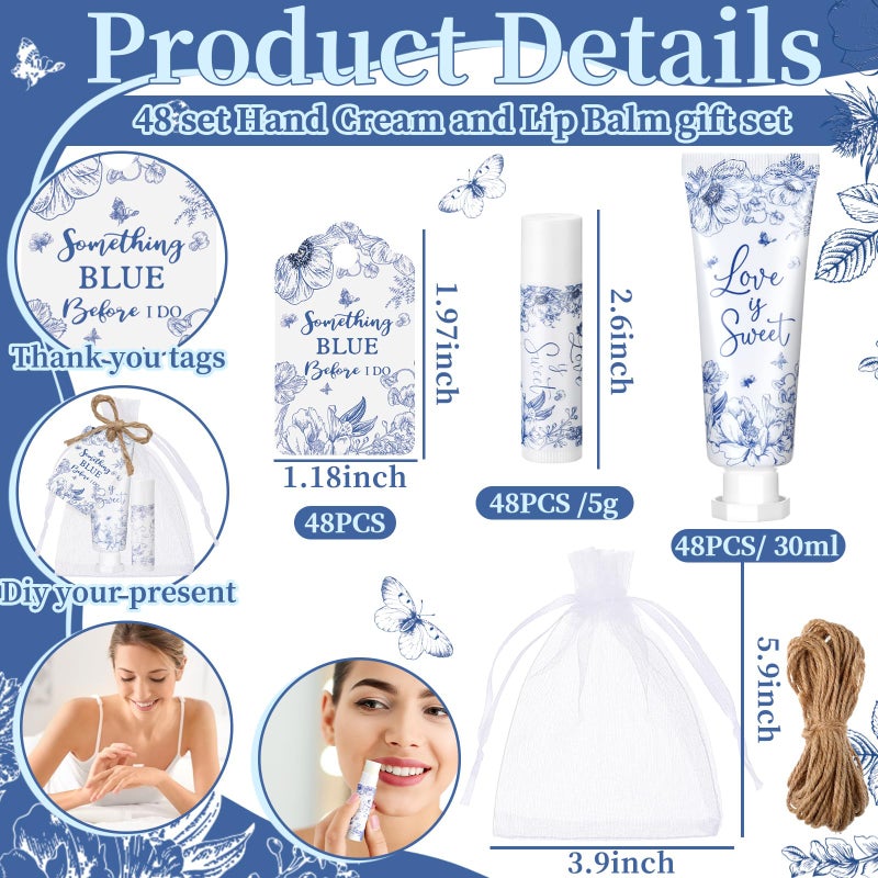 Swiffen 48 Sets Something Blue Before I Do Bridal Shower Hand Cream and Lip Balm Gift Bulk Blue Floral Wedding Favors Travel Size Hand Lotion and Lip Balm Bridal Shower Party Supplies for Guest - Image 3