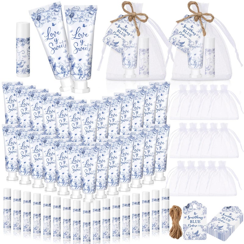 Swiffen 48 Sets Something Blue Before I Do Bridal Shower Hand Cream and Lip Balm Gift Bulk Blue Floral Wedding Favors Travel Size Hand Lotion and Lip Balm Bridal Shower Party Supplies for Guest - Image 1