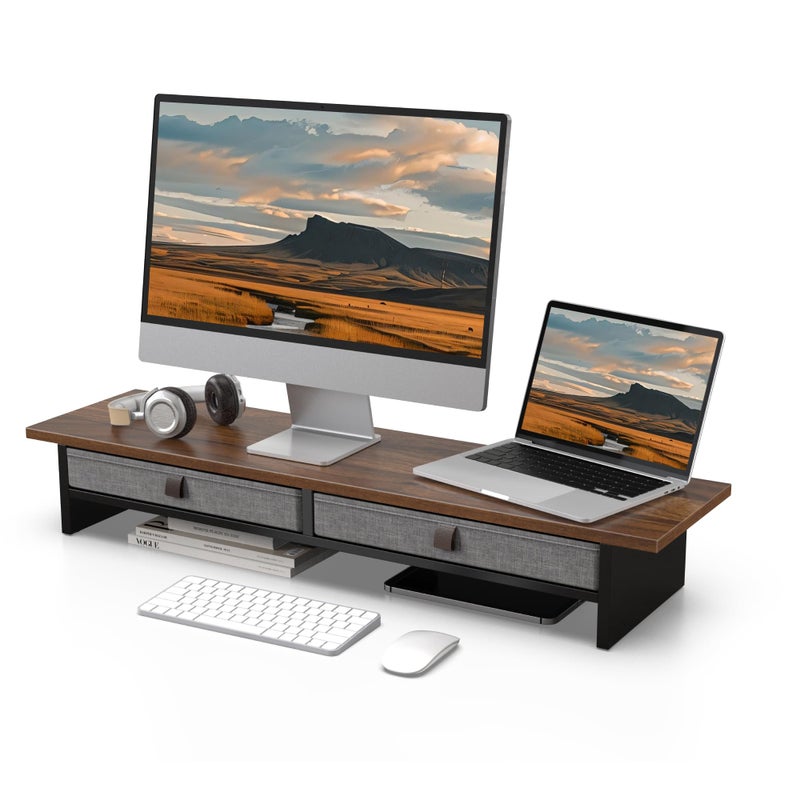 Fenge Monitor Stand with Drawer, 2 Tiers Dual Monitor Riser for Desk, 35 Inch Computer Stand for 2 Monitors, Desk Shelf for Home, Office, Laptop, PC, TV, Printer - Image 1
