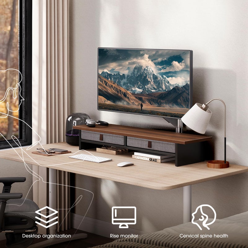 Fenge Monitor Stand with Drawer, 2 Tiers Dual Monitor Riser for Desk, 35 Inch Computer Stand for 2 Monitors, Desk Shelf for Home, Office, Laptop, PC, TV, Printer - Image 2
