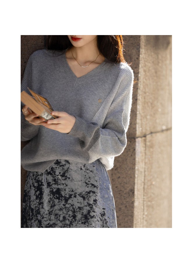 Dme Colorblock V-neck Drop Shoulder Long Sleeve Knit Sweater Women's Top Winter - Image 1